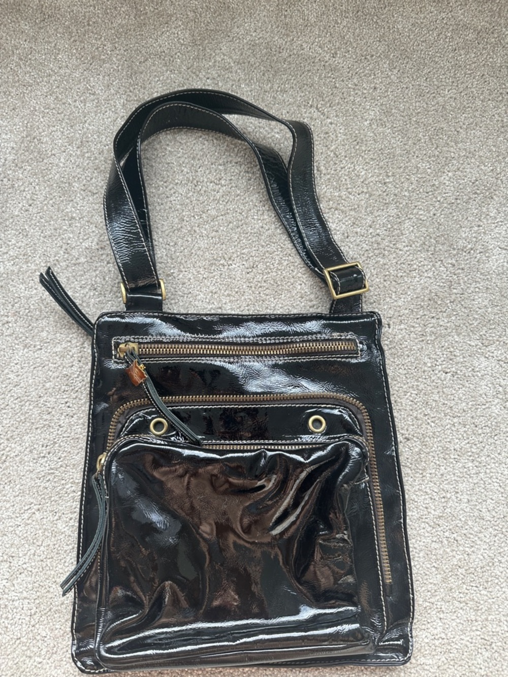 Glossy Black Patent Crossbody Bag with Front Pockets